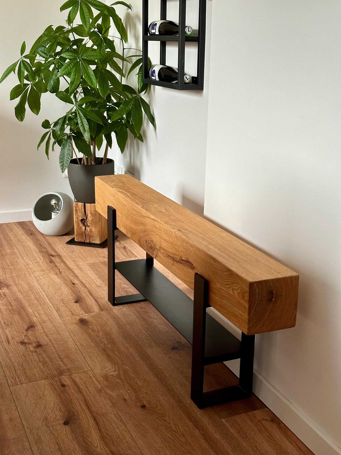 Sitzbank Bank Garderobe Schuhschrank Sideboard Konsolentisch Couchtisch Eiche Eichenbalken Stahl Industriell Loft Echtholz