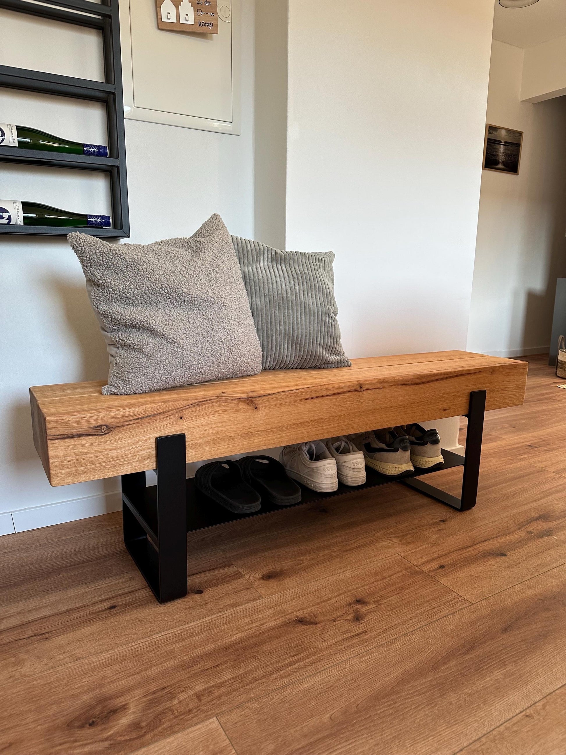 Sitzbank Bank Garderobe Schuhschrank Sideboard Konsolentisch Couchtisch Eiche Eichenbalken Stahl Industriell Loft Echtholz