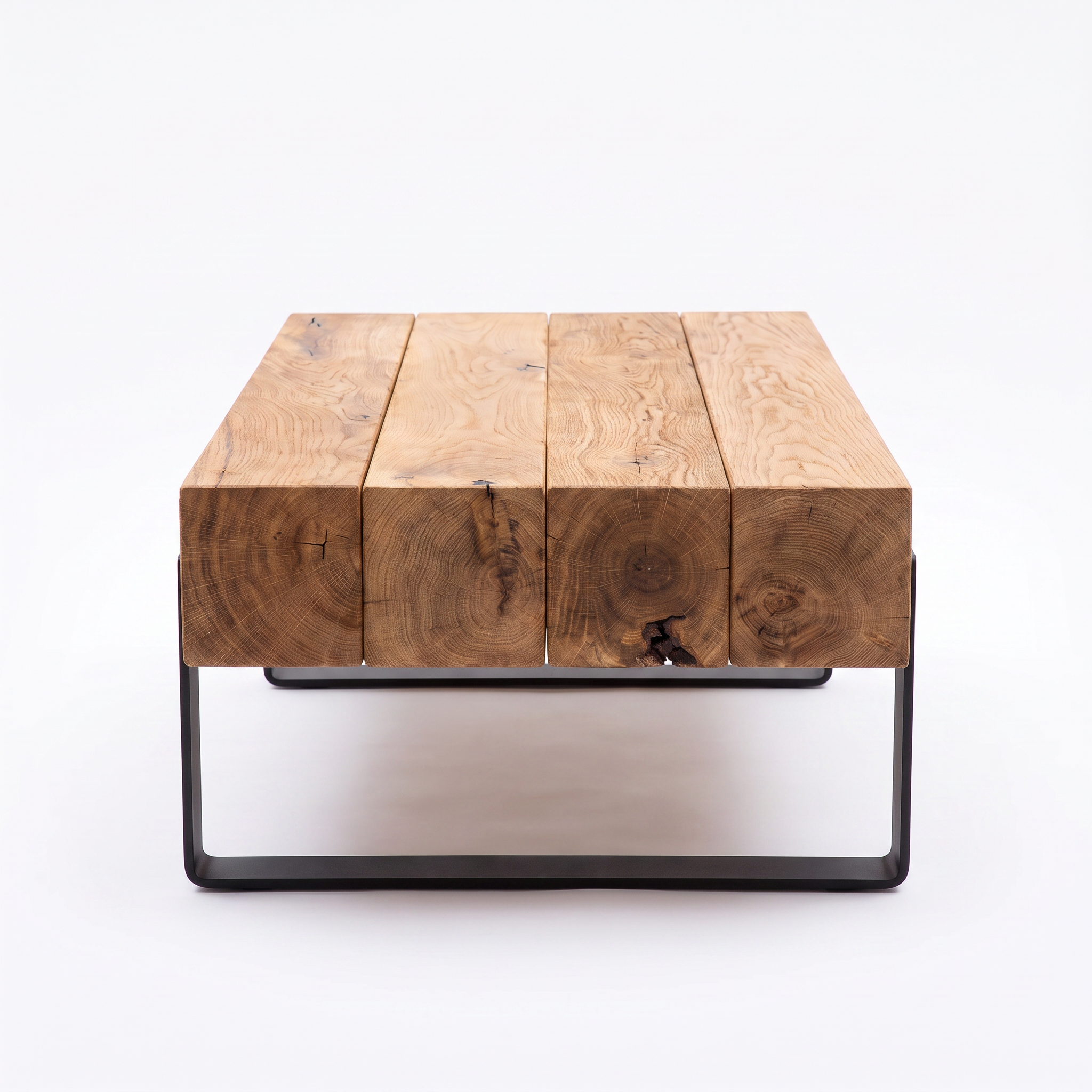 Couchtisch aus Massivholzbalken & Stahl