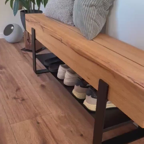 Sitzbank Bank Garderobe Schuhschrank Sideboard Konsolentisch Couchtisch Eiche Eichenbalken Stahl Industriell Loft Echtholz