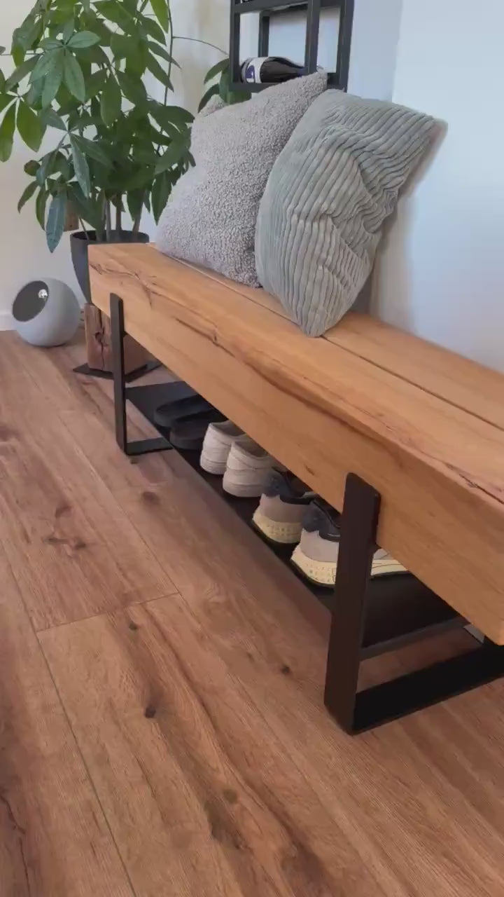 Sitzbank Bank Garderobe Schuhschrank Sideboard Konsolentisch Couchtisch Eiche Eichenbalken Stahl Industriell Loft Echtholz